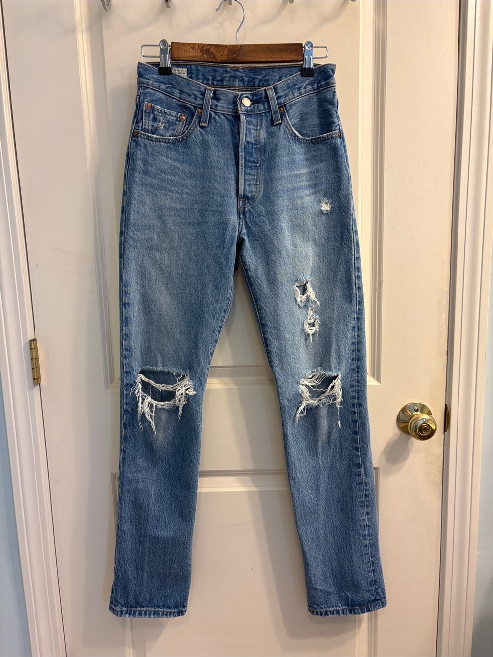 Levi’s 501’s Straight-Leg Distressed Jeans — Light Blue